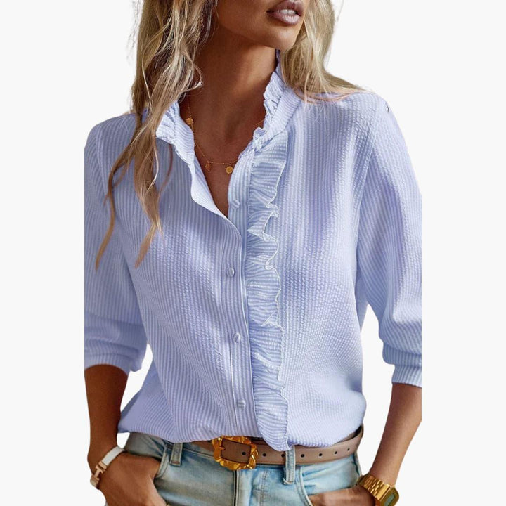 Trendy Ruffle Striped Blouse for Women - WardrobeVogue