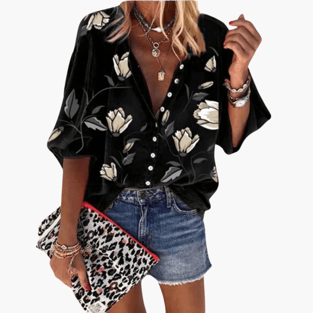 Trendy Black Floral Button Blouse for Women - WardrobeVogue