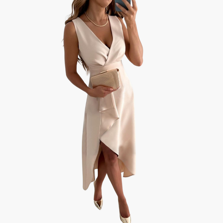 Elegant V-Neck Wrap Midi Dress - Soft & Versatile for Women