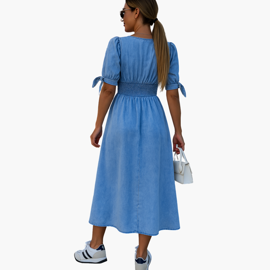 Women's Button-Front Midi Dress - V-Neck Casual Daywear