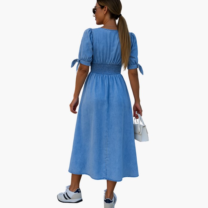 Women's Button-Front Midi Dress - V-Neck Casual Daywear
