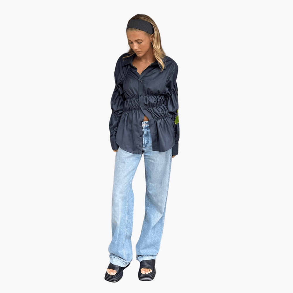 Elegant women's black gathered blouse – loose fit long sleeve - WardrobeVogue