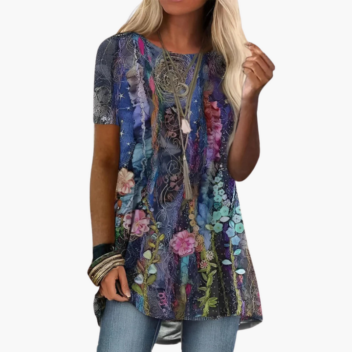 Floral Print Blouse for Women - Short Sleeve Elegant Top