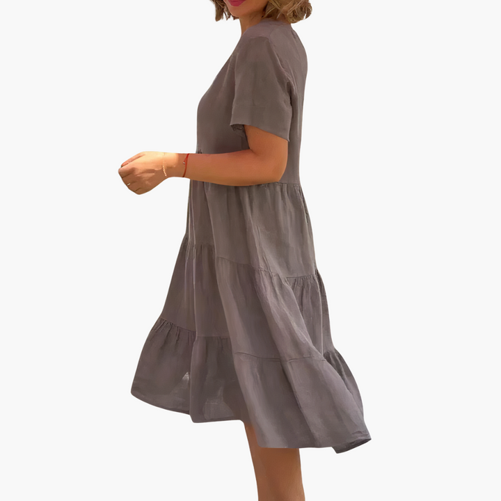 Linen V-Neck Midi Dress - Relaxed Summer Fit for Women
