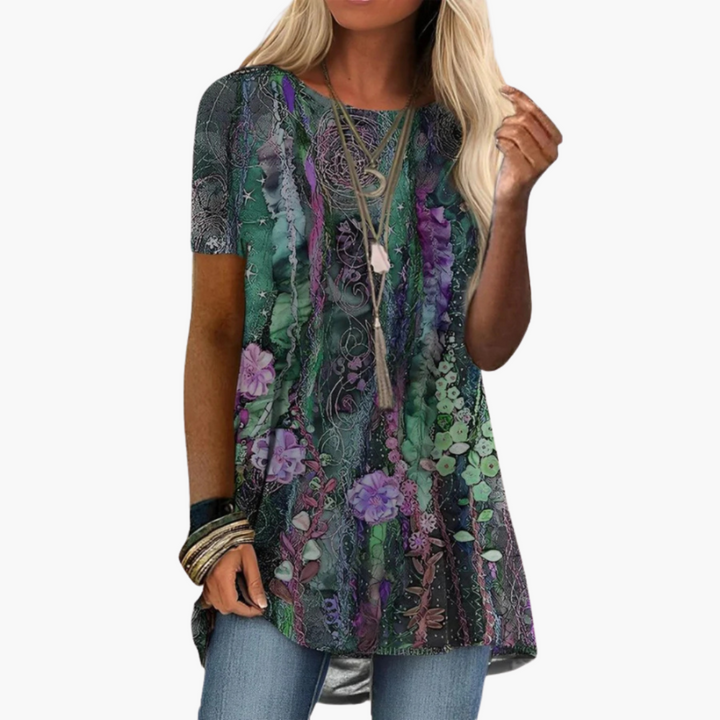 Floral Print Blouse for Women - Short Sleeve Elegant Top