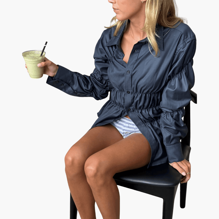 Elegant women's black gathered blouse – loose fit long sleeve - WardrobeVogue