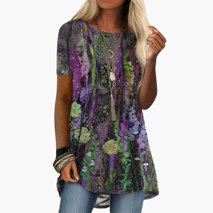 Floral Print Blouse for Women - Short Sleeve Elegant Top