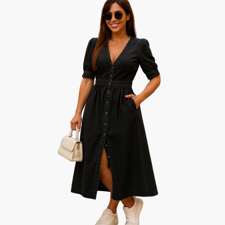 Women's Button-Front Midi Dress - V-Neck Casual Daywear