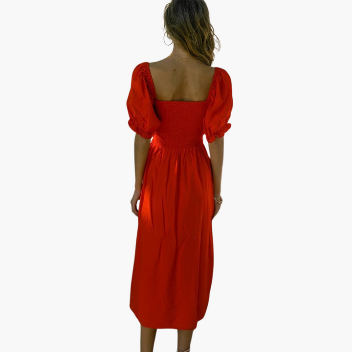 Off Shoulder Puff Sleeve Dress - Smocked Midi for Women