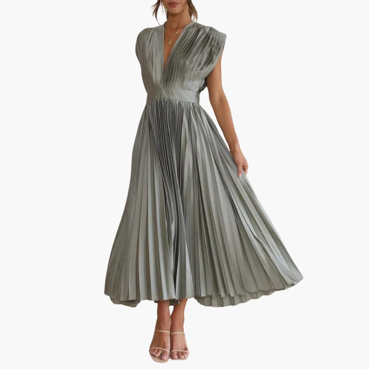 Elegant V-Neck Midi Dress for Women - Formal Evening Gown