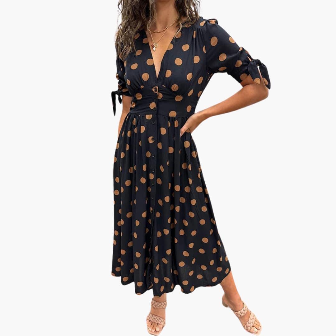 Elegant Polka Dot V-Neck Dress for Women - WardrobeVogue