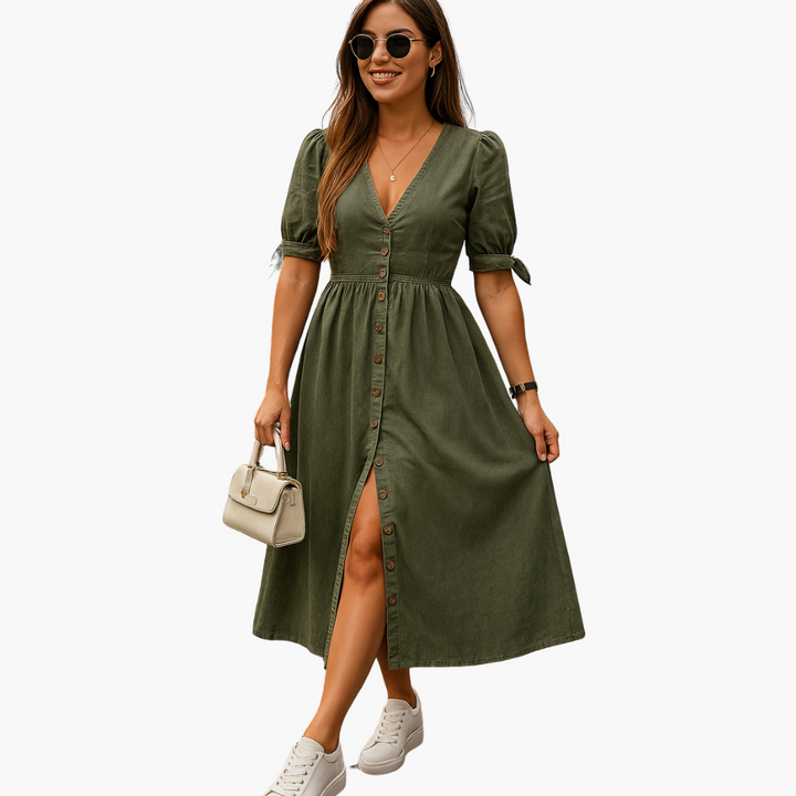 Women's Button-Front Midi Dress - V-Neck Casual Daywear