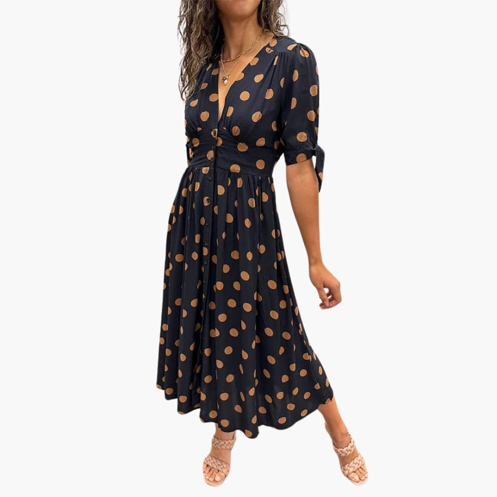 Elegant Polka Dot V-Neck Dress for Women - WardrobeVogue