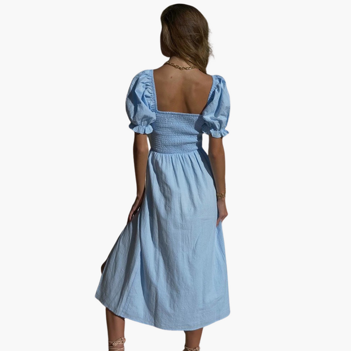 Off Shoulder Puff Sleeve Dress - Smocked Midi for Women