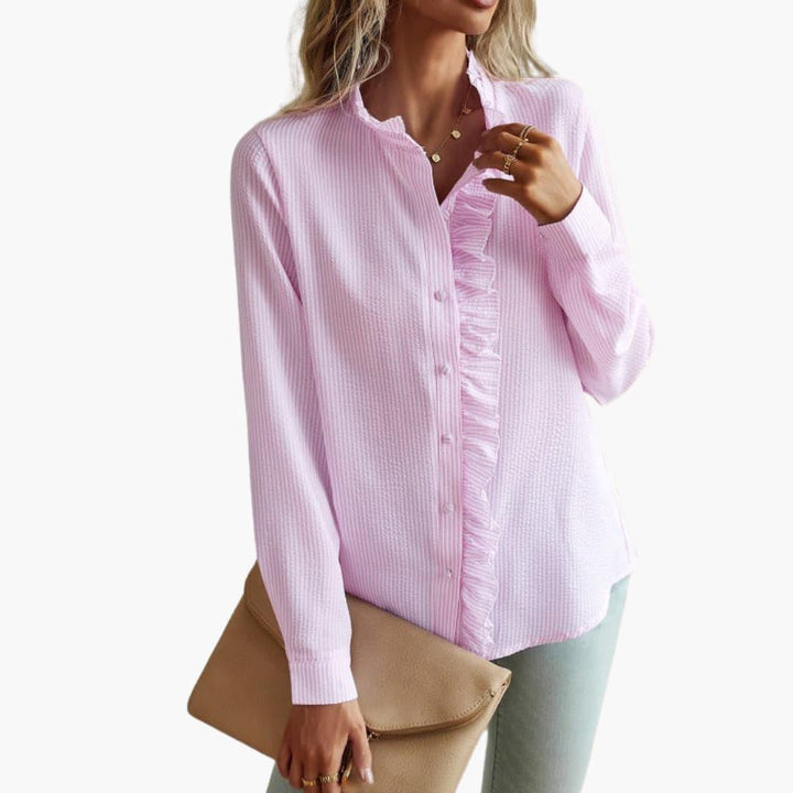 Trendy Ruffle Striped Blouse for Women - WardrobeVogue